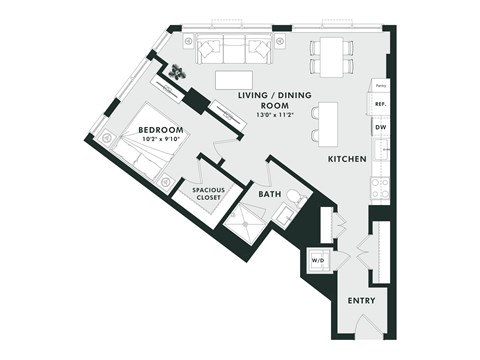 Floor plan for 1 bed, 1.5 baths, 751 sqft